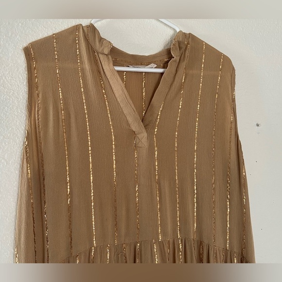 Salty Lemon Gold Sequin Gauzy Sleeveless Swing Mini Dress in Tan. Size L - Picture 4 of 10